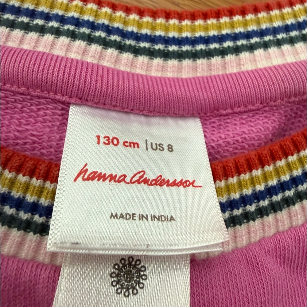 Hanna Andersson Girls’ 130/8 Pink Rainbow Collar and Cuff Sweatshirt Dress - Picture 3 of 6